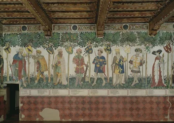 Devět hrdinů a devět hrdinek, detail s Juliem Caesarem, Jozuem, králem Davidem, Judou Makabejským, králem Artušem, Karlem Velikým, Godefroyem z Bouillonu a Delfinou, 1418-30